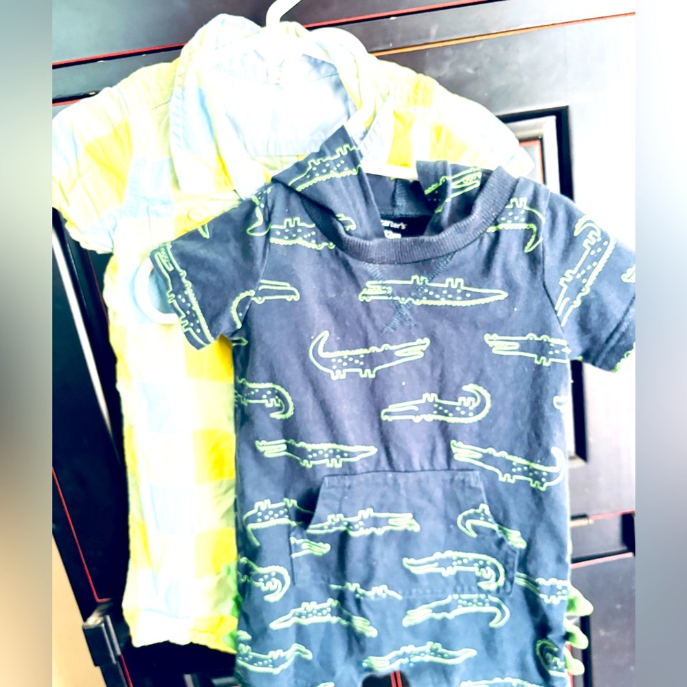 Carters; Baby Gap; one piece shorties. Cotton. Plaid; dinosaur design. 12 mos.